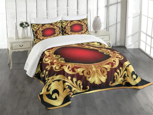 ABAKUHAUSGelbes Damast Tagesdecke Set, Rahmen Barock, Set mit Kissenbezügen Waschbar, für Doppelbetten 220 x 220 cm,Gelb