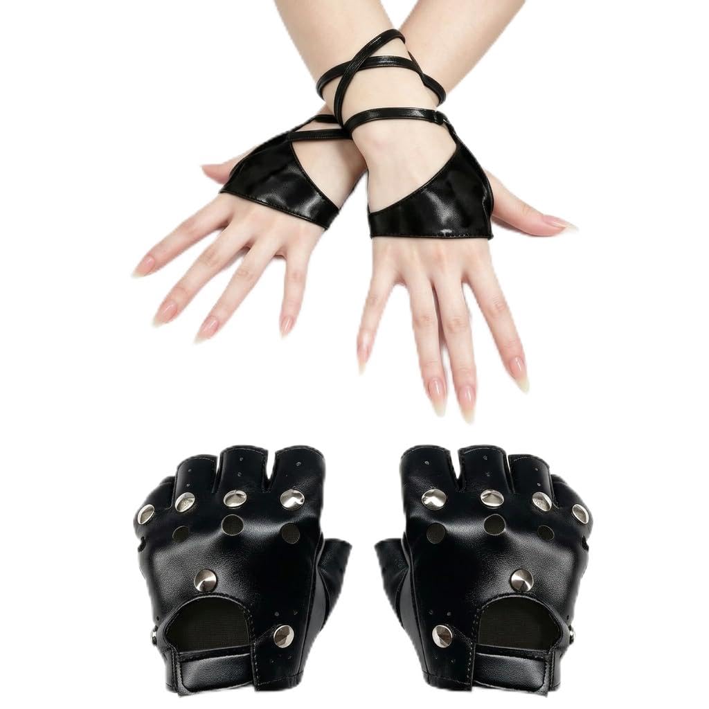 Ufyuayig 2 Pairs Leather Fingerless Gloves Studded and Lace-Up Design
