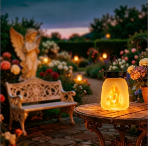 1Pack Solar Lantern Lights Outdoor with Ultra-Real Flame, Waterproof Garden Lights ,Dual Charging USB & Solar Yard, Patio Decor