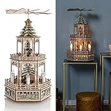 pyramide erzgebirge elektrisch Die beiden Stockwerke sind weihnachtlich dekoriert. Sie finden hier einen Schneemann, Rentiere mit Futterkrippe und singende Engel.