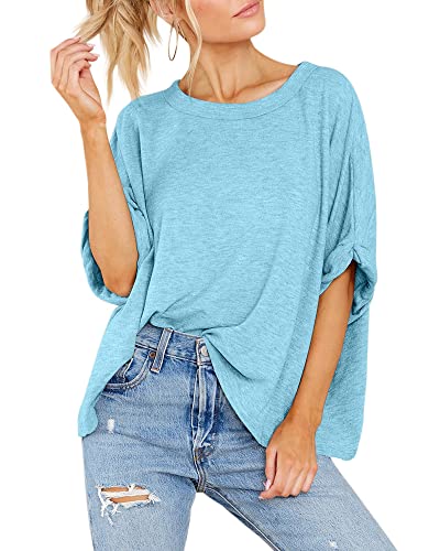Women Oversized T-Shirt Summer Casual Short Sleeve Loose Tee Tops Sky Blue #TOP2