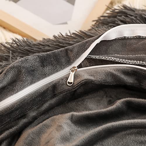 Haihua Luxury Plush Shaggy Duvet Cover Flannel Velvet Bedding (1 Faux Fur Duvet Cover +2 Faux Fur Pillowcases)Fluffy Comforter Bed Sets 3 Pieces ,Zipper Closure (Dark Gray, Queen) #TOP7