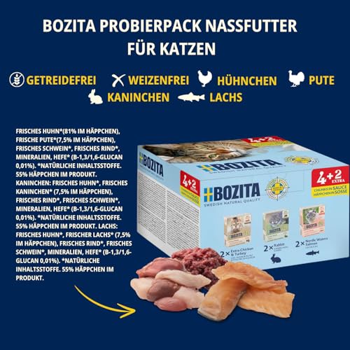 Bozita Tetra Probierpaket in Sauce mit viel Huhn & Pute, Kaninchen, Lachs - 4+2-6x370g Getreide- & zuckerfreies Premium-Katzenfutter, ohne Gentechnik, mit 7,5% Protein und 5% Fettgehalt