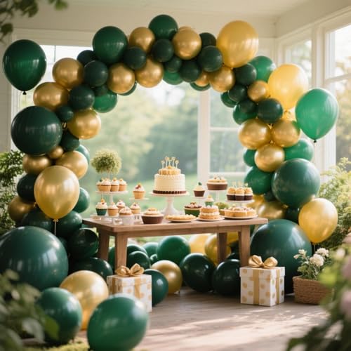 Image of 412Pcs Green and Gold Balloon Arch Kit, 18 12 10 5 Inch Different Size Latex Balloons Dark Green and Gold Party Balloons for Birthday Graduation Jungle Party Decorations