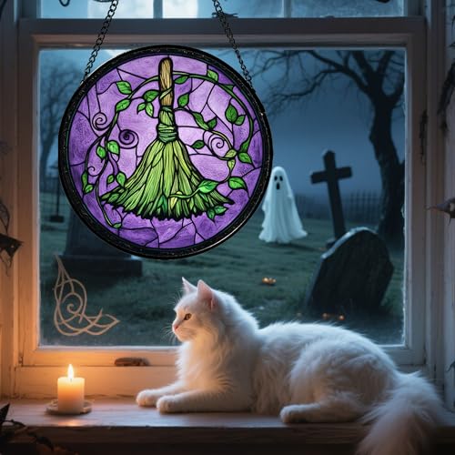 Image of Stained Glass Window Hanging - Halloween Decorations Witch Magic Broom Suncatcher for Doors Garden Indoor Funny Spooky Sun Catchers Gothic Decor Horror Gifts for Women Men Friend 7.8 in