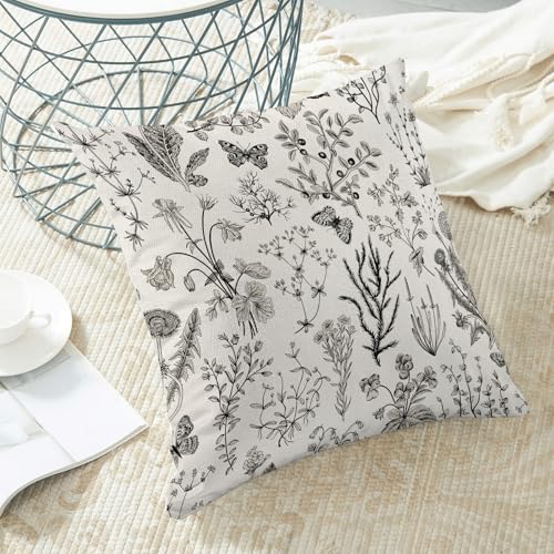 Image of AEIOAE Spring Pillow Covers 24x24 Inch Set of 2,Black Gray Wild Flower Plant Throw Pillows Case,Seasonal Floral Outdoor Decorative Square Linen Farmhouse Decor Cushion Covers for Home Sofa Bed Couch