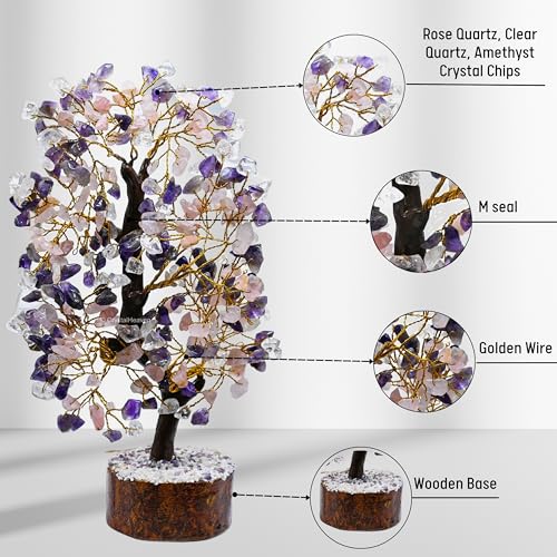 Image of Certified Rose Amethyst Clear Quartz Crystal Tree for Good Luck - Healing Crystals Money Tree for Wealth, Positive Energy at Home Office - Decorative Spiritual Gifts for Vastu, House Warming