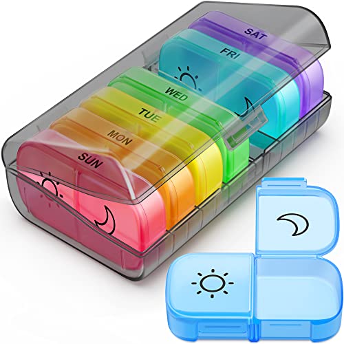Image of Weekly Pill Organizer 2 Times a Day with Same-Side Large Opening for Easy Filling & Retrieving, Color Tracking 7 Day AM PM Pill Box with BPA Free Pill Case for Vitamins,Fish Oils（Black