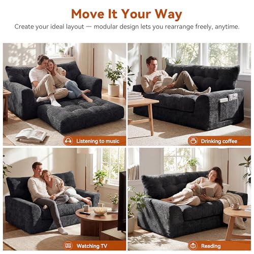 Image of MONVANE 55.5 inch Convertible Loveseat Sofa Bed, 2-in-1 Boneless Sleeper Sofa Couch with Storage Pocket, Comfy Chenille Deep Seat Couch for Living Room, No Assembly Required, Black