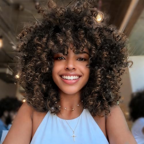 rosmile Curly Wigs for Black Women - Black Mixed Auburn Brown Synthetic African American Full Kinky Curly Afro Hair Wig with Bangs
