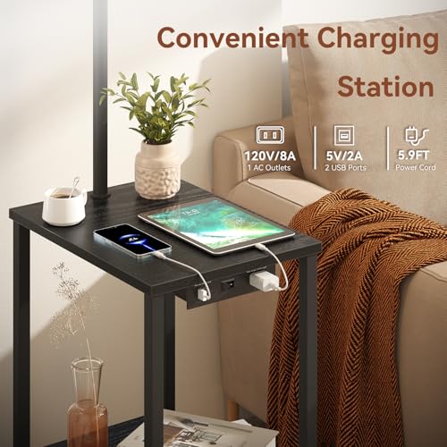 Image of SUNMORY Floor Lamp with Table, End Table for Living Room with Lamp, Shelves Side Table with Charging Station(USB & AC Port), 3 Color Temperature LED Bulb, Modern Nightstand Lamp for Bedroom, Office