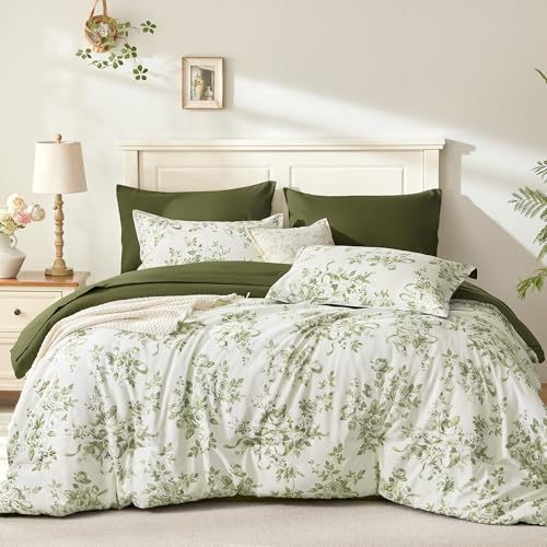 Andency Floral Olive Green Comforter Set Queen Size, 7 Pieces