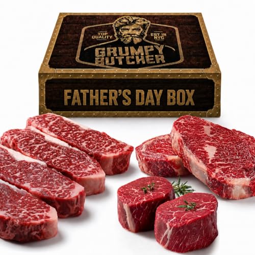 Grumpy Butcher Aged 8 Steak Premium Set - With Father's Day Box Option - 4 NY Strip, 2 Ribeye & 2 Filet Mignon Steaks - USDA Top Third Angus Choice Beef Steak - Ships Frozen