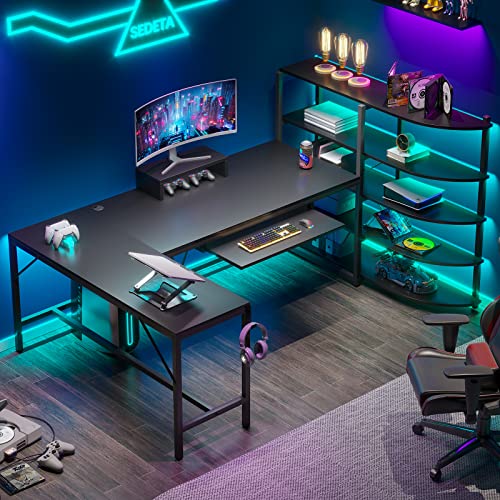 Sedeta  L Shaped Computer Desk, 63'' Corner Gaming Desk, Computer Desk With Storage Shelves, Keyboard Tray, Monitor Stand And Headphone Hook, Corner Gaming Desk With Led Lights, Black #TOP2