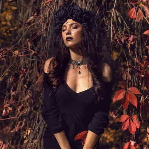 4PCS Gothic Halskette Set, Choker Kette Damen Schwarz, Spitze Halsband, Vintage Lolita Kostüm Zubehör Schmuck für Karnevals Maskerade Party