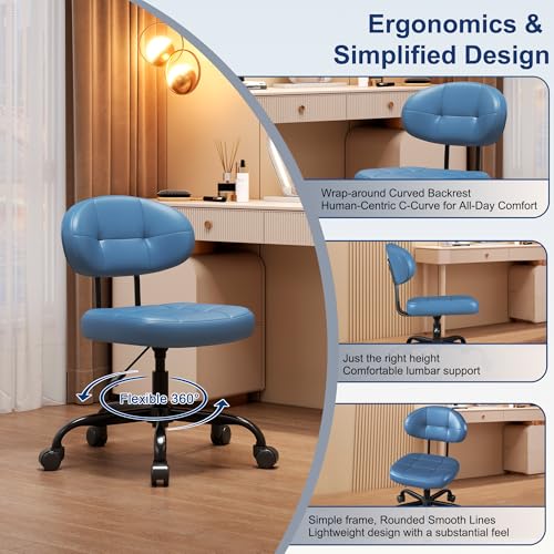 Image of Misolant Vanity Chair with Back, Small Armless Cute Office Chair with Wheels and Lumbar Support, Comfy PU Leather Desk Computer Chairs with Adjustable Height, 360Swivel for Home Bedroom, Navy Blue
