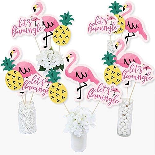 Pink Flamingo - Party Like A Pineapple - Palitos de centro de mesa para fiesta de verano tropical, juego de 15