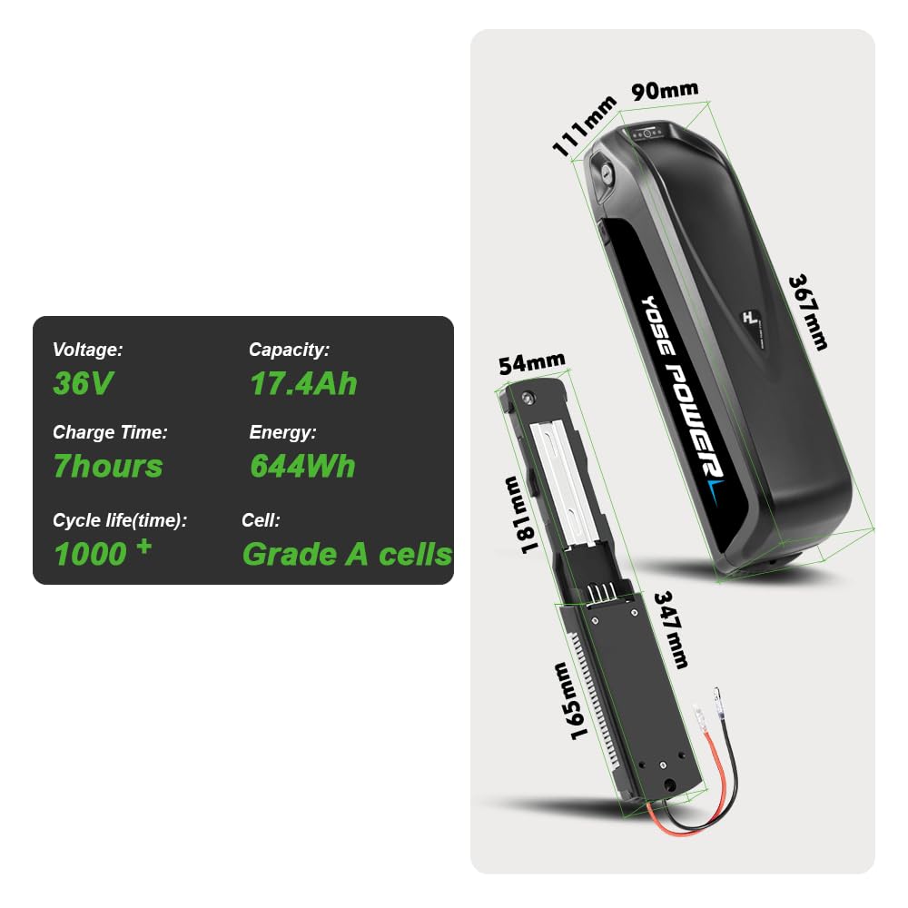 YS YOSE POWER 36V Bike Battery 36V 17Ah Ebike Battery 250W 350W 500W 750W 1000W Electric Bike Battery with Charger 4Pins Connector Bullet Adapter 20A BMS with USB