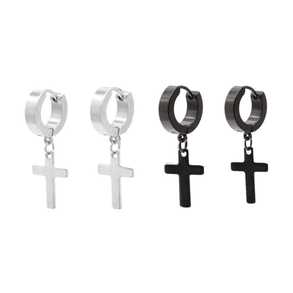 Mintik2-4 Pairs Men Boys Cross Dangle Hoop Earrings Set Stainless Steel Pierced Cross Drop Hinged Earrings for Christmas Graduation Easter Gifts for Unisex