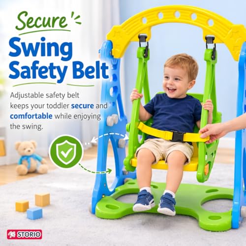 Image of Storio 3-in-1 Garden Slide & Swing with Basketball Hoop for Kids 2-5 Years | Indoor Outdoor Baby Slide Swing Combo | BPA-Free Plastic Playset for Boys & Girls | Easy Assembly - Blue Green & Yellow