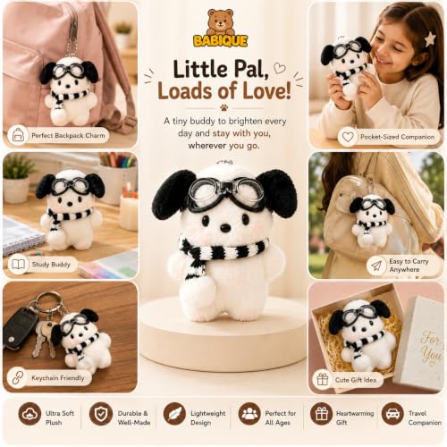 Image of Babique Puppy Plush Keychain 13 cm - Cute Dog Soft Toy Keyring with Goggles & Scarf, Stuffed Animal Bag Charm for Kids, Girls & Gifts