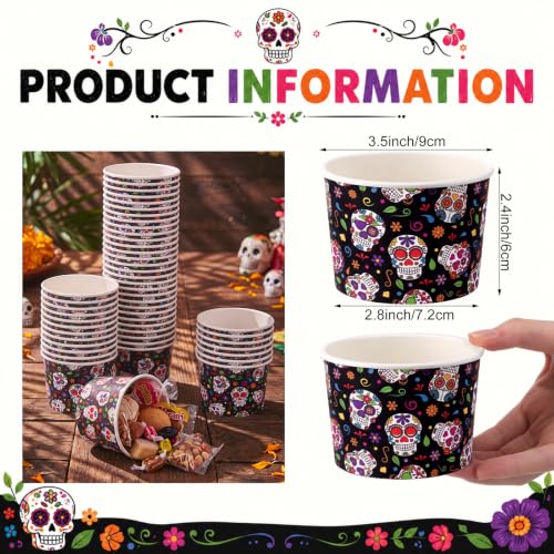 Image of Funnymoom 50 Pack Day of the Dead Paper Ice Cream Cups 9 oz Sugar Skull Disposable Dessert Bowls Soup Bowls Dia De Los Muertos Treat Snack Cups for Hot or Cold Food Halloween Mexican Party Supplies