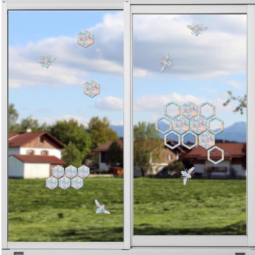 Image of Window Clings for Birds - Anti-Collision Window Decals - Prismatic Non Adhesive Vinyl Rainbow Glass Stickers to Save Birds from Glass Strikes (Honeycomb, 51 Pieces)