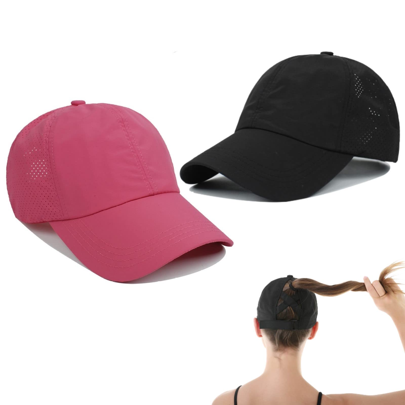 HaloHorus Quick Dry Fit Hats Athletic Cap for Men Women, Adjustable Mesh Workout Hats for Running Fishing |UPF 50+ |2 Hats, Cqdw-b-rosered, One Size — image 1