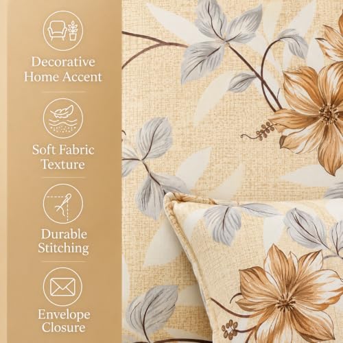 Image of Clasiko 16x16 Cushion Covers - Set of 5 Soft Cotton-Feel Decorative Pillow Covers | Golden Blossom, Flap Closure, Perfect for Sofa & Living Room