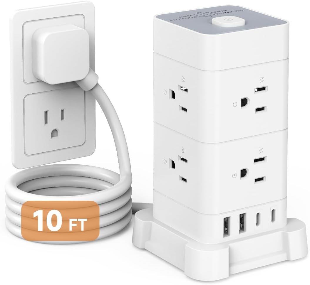 Power Strip Tower with 8 AC Outlets 4 USB Ports (2 USB-C), Surge Protection 3M Extension Cord Flat Plugs Charging Tower for Home Office Desk, White