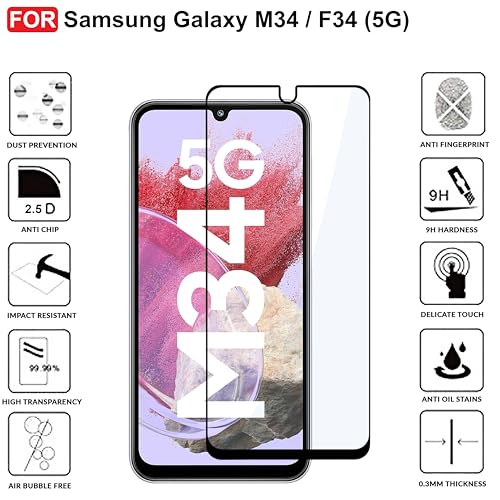 Image of CEDO Tempered Glass for Samsung Galaxy M34 / F34 (5G) | Screen Protector Full HD Quality Tempered Glass Anti-Scratch Edge to Edge Coverage with Easy Installation Kit (Black)
