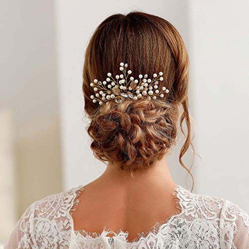 Unicra Pearl Wedding Hair Comb Crystal Bridal Hair Accessories for Brides and Bridesmaids (Gold) - Thumbnail 2
