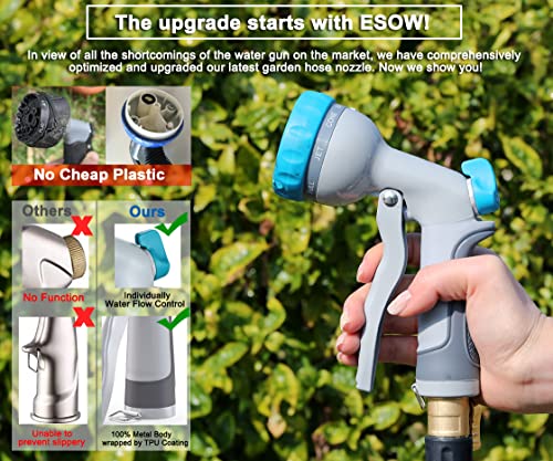 Esow Garden Hose Nozzle Heavy Duty, 8 Adjustable Patterns Metal Water Hose Nozzle, High Pressure Hand Sprayer With Flow Control, Best For Watering Plant & Lawn, Pets Shower, Car Washing, Cyan #TOP4