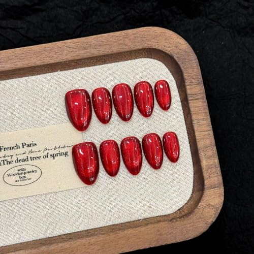 10pcs Short Almond Handmade Reusable Press - On Nails with Ruby Glass Beads Cat - Eye Effect, Ideal for Autumn and Winter, Super Whitening for Women Girls Daily & Party Wear (Red 2597, S)
