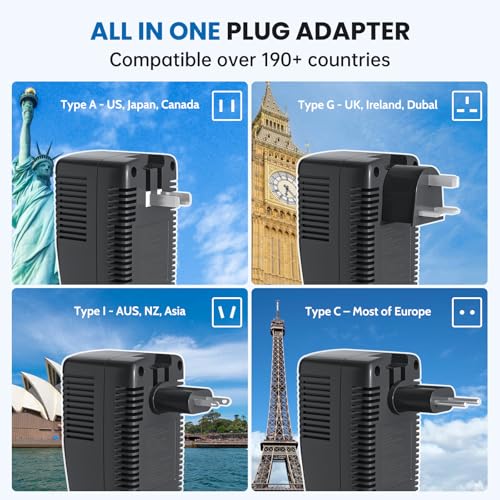 Upgraded 2000W 220V to 110V Converter for European Travel, Voltage Converter US to Europe for Hair Dryer Straightener Curling Iron, 2300W Adapter with EU/UK/AU/US Plugs for Laptop Camera Cell Phone