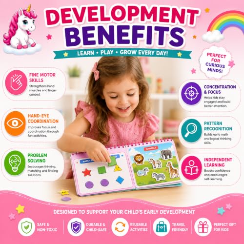 Image of FullnessKids Unicorn Busy Book for Toddlers 2-5 Years | 27 Activities Montessori Learning Toy | 14 Velcro Activities & 13 Wipe and Write Activities | Reusable Educational Activity Binder | Travel Toy & Birthday Gift for Girls