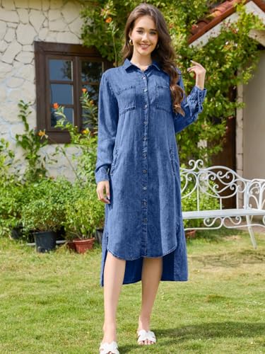 OVRUNS Women Denim Shirt Dress Long Sleeve Roll-Tab Cuffs Lapel High-Low Hem Midi Length Button Down Jean Dress with Pockets2