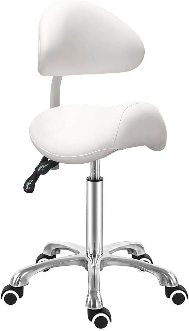 Antlu Saddle Stool Chair with Back Ergonomic Rolling Esthetician Seat for Salon Tattoo Shop Spa Dentist Clinic (Adjustable Backrest, White)