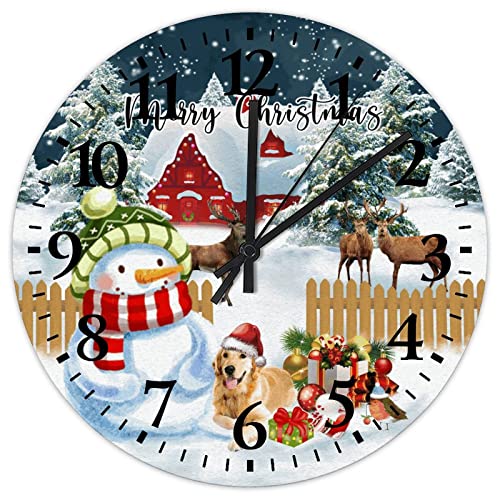 10 Inch Merry Christmas Wood Clock Non Ticking Snowman with Pups Christmas Winter Table Clock Arabic Numbers Round Clock for Kids Room and Kitchen
