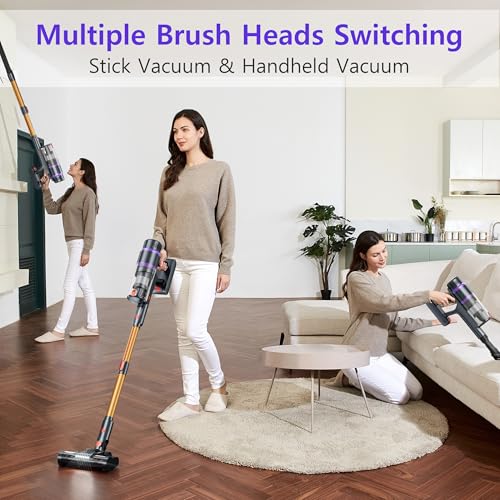 Cordless Vacuum Cleaner, 550W Vacuum Cleaners for Home with Removable Battery, Self-Standing Vacuum with Powerful Suction, LED Touch Display, Rechargeable Cordless Vacuum for Hardwood Floor