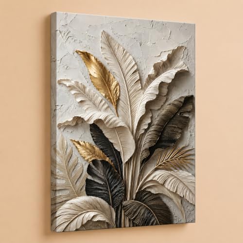 Image of PAINTINGMANTRA Textured Embossed Leaf Floral Canvas Wall Art Painting for wall decoration, Neutral & Gold Tropical Leaf Motifs Flower Stretched Canvas Painting for living room, bedroom, Office, 22x34 Inch