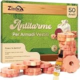 Zidina© Antitarme per Armadi Vestiti | 50x Anelli Legno di Cedro | Olio di cedro mini bottiglia 4,5ml incluso | 100% Naturale Anti Tarme per Armadio Tessuto | per Anti Tarme Armadio e Cassetti