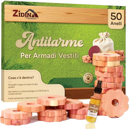 Zidina© Antitarme per Armadi Vestiti | 50x Anelli Legno di Cedro | Olio di cedro mini bottiglia 4,5ml incluso | 100% Naturale Anti Tarme per Armadio Tessuto | per Anti Tarme Armadio e Cassetti