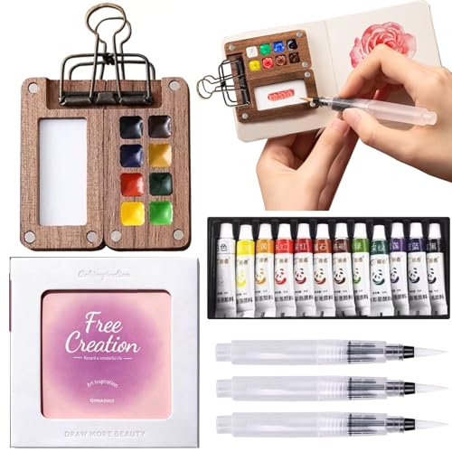 Mini Watercolor Paint Set Travel Portable Palette Pocket Artists Wooden Paint Box with 8 Grids for Kids Painters Students