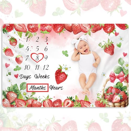 Image of Nuanchu Baby Monthly Milestone Blanket Baby Girl Boy 60 x 40 Soft Fleece First 12 Months Growth Chart Newborn Photography Background Baby's First Year Milestone Blanket Nursery Decor (Strawberry)