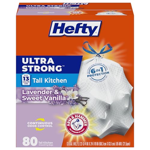 Hefty Ultra Strong 13 Gallon Trash Bags, Tall Kitchen Trash Bags 13 Gallon Size, Drawstring Closure, Continuous Odor Control, White, Lavender and Sweet Vanilla Scent, 80 Bags