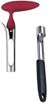 Apple Corer Lever Tool + Pear Pepper Poker Pusher by BRIGHT KITCHEN Stainless Steel Pear Fruit Seed Remover Cherry Red Grip with Serrated Blade