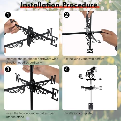 Black Metal Weathervane,Stainless Steel Horse Weather Vane Roof Mount, Wind Direction Indicators Wind Measuring Tool Outdoor, Wind Vane Ornament Decoration for Shed Garden Yard Farmhouse Patio Decor