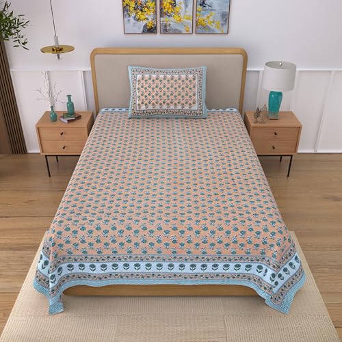 Image of 100% Cotton Single Bedsheet with 1 Pillow Cover | 240 TC Pure Cotton Flat Bed Sheet | Traditional Jaipuri Printed Bedding Set | Soft & Breathable | 60 x 90 Inch (Rangmahal Single 10)