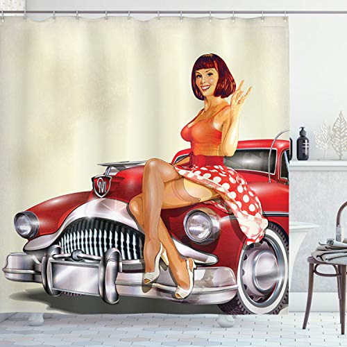 ABAKUHAUS Pin up Duschvorhang, Classic Retro-Auto, Stoffliches Gewebe Badezimmerdekorationsset mit Haken, 175 x 200 cm, Rot Beige